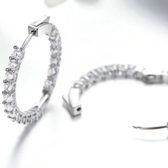 Platinum Plated Copper Pave Cubic Zirconia Hoop Earrings - Picture 5 of 6